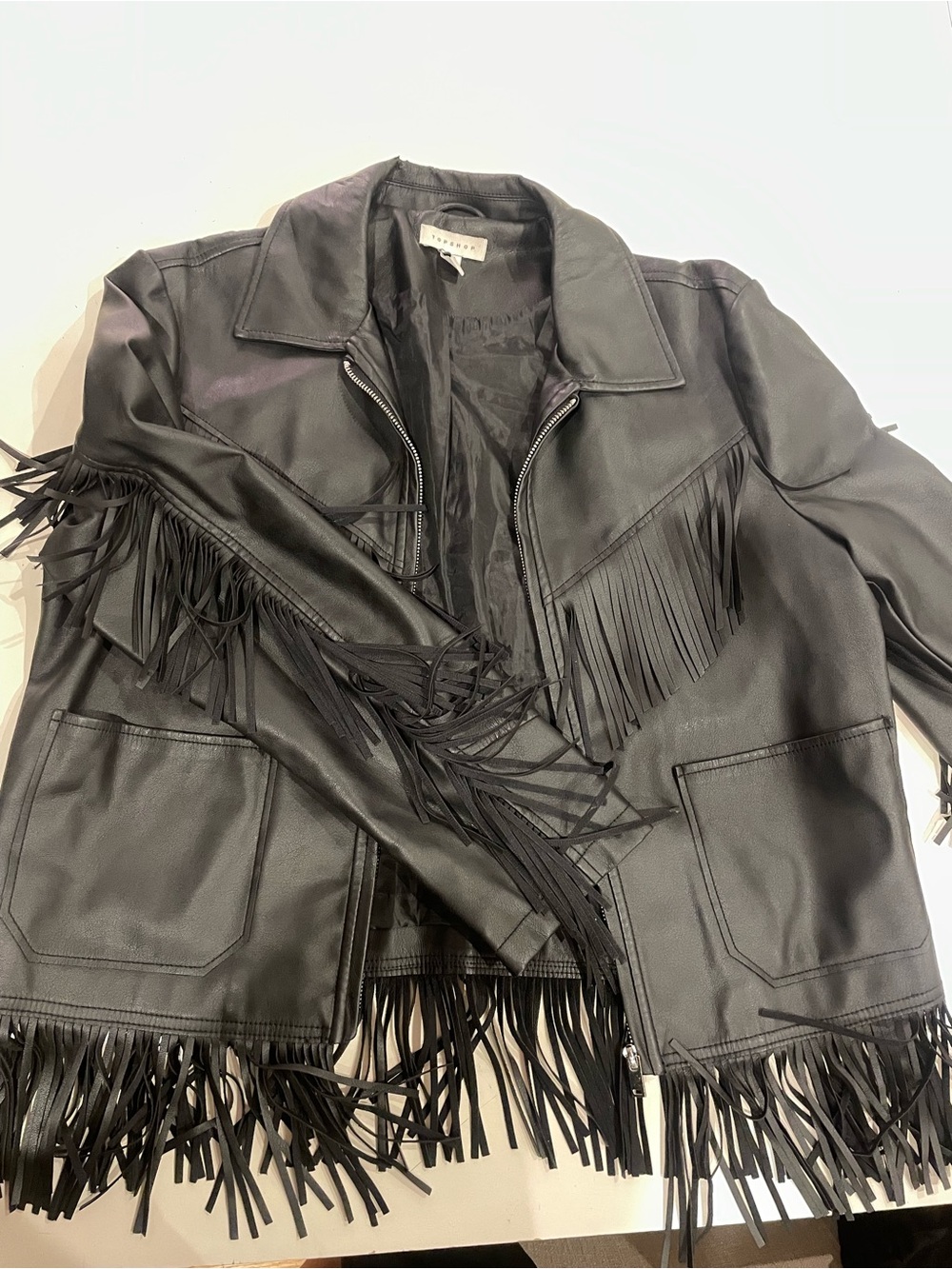 Topshop Black Leather Fringe Jacket